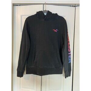 Hollister Pullover Hoodie Mens Medium Black Gradient Logo Sleeve Graphic